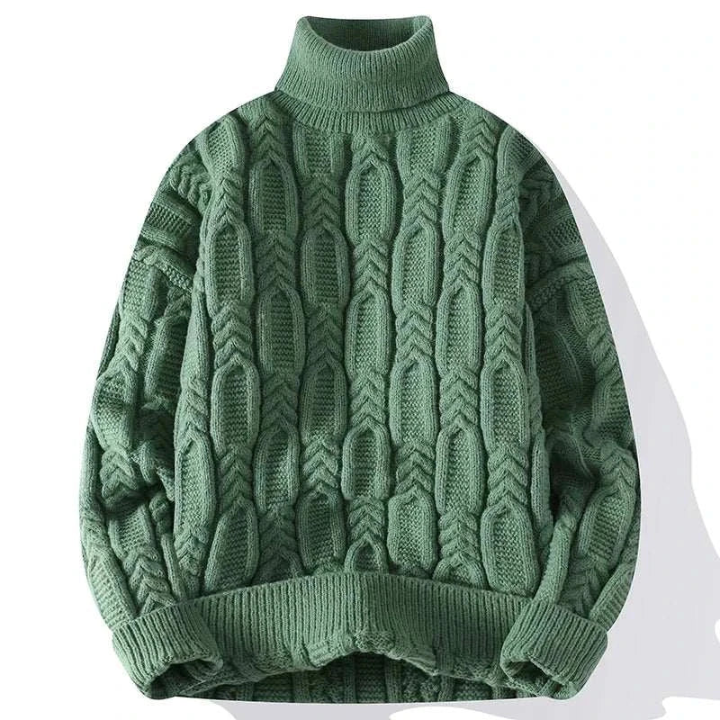 Green Juku winter sweater with cable knit pattern, premium quality for cold seasons, available in multiple colors and sizes.