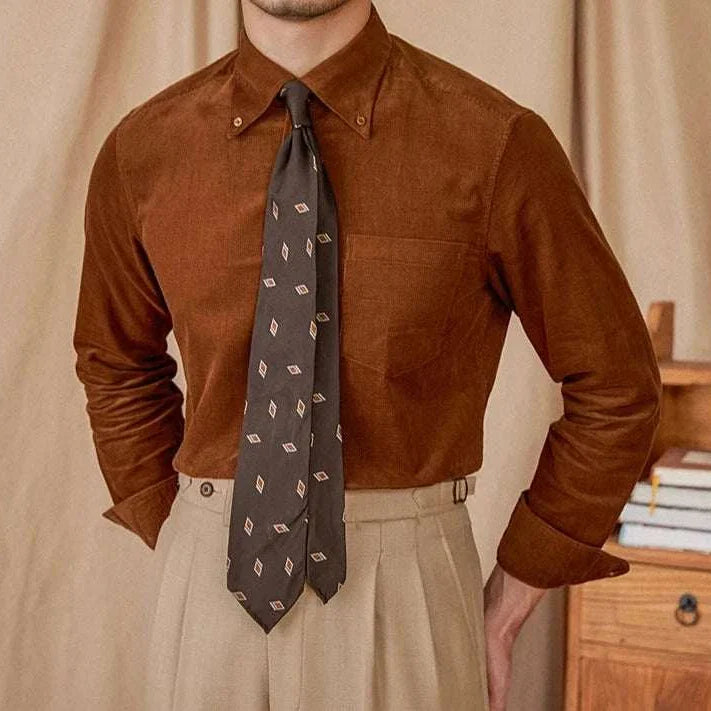 Autumn vintage corduroy shirt for men in brown, stylish and comfortable.