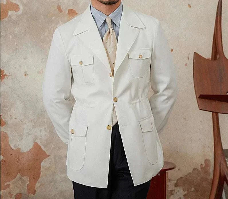 Autumn vintage old money coat in white, stylish and durable polyester fabric for men.