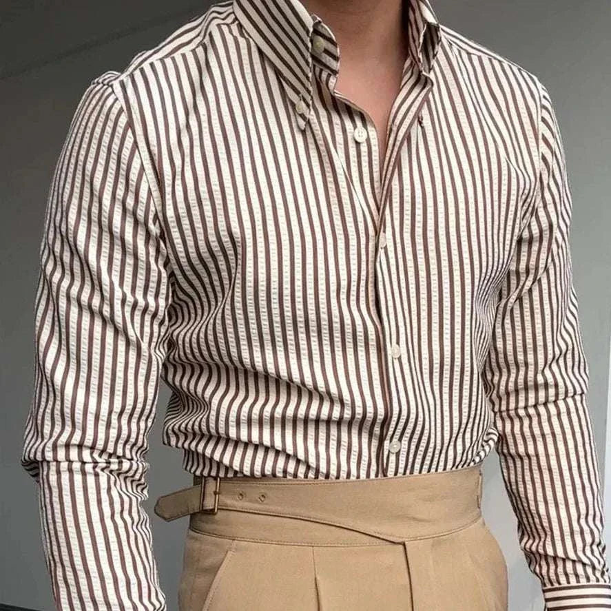 Antonios formal striped long sleeve shirt in brown and white cotton blend.