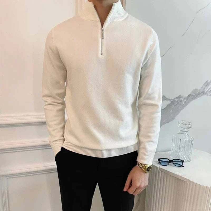 Men's white stand collar zipper sweater made of polyester and wool.