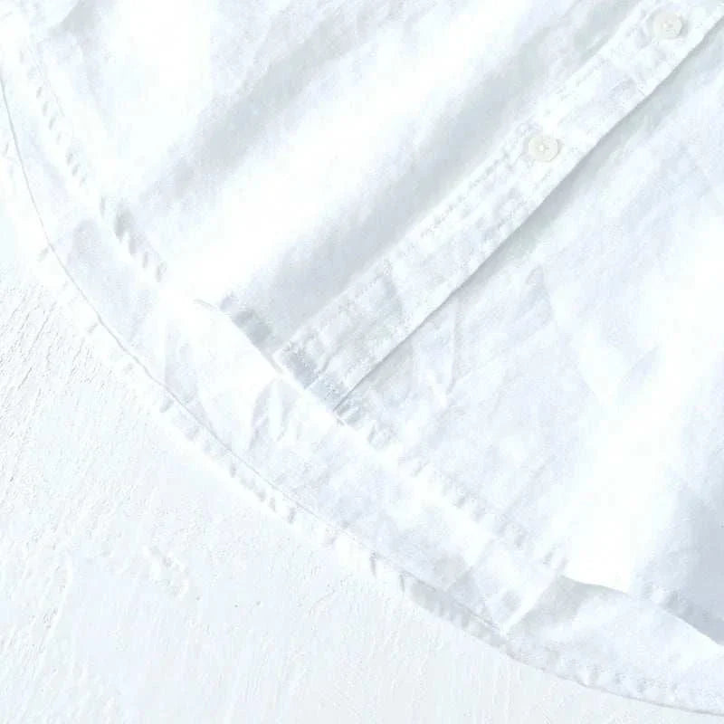 Italian pure linen long-sleeve shirt, white, solid pattern, casual elegant style.