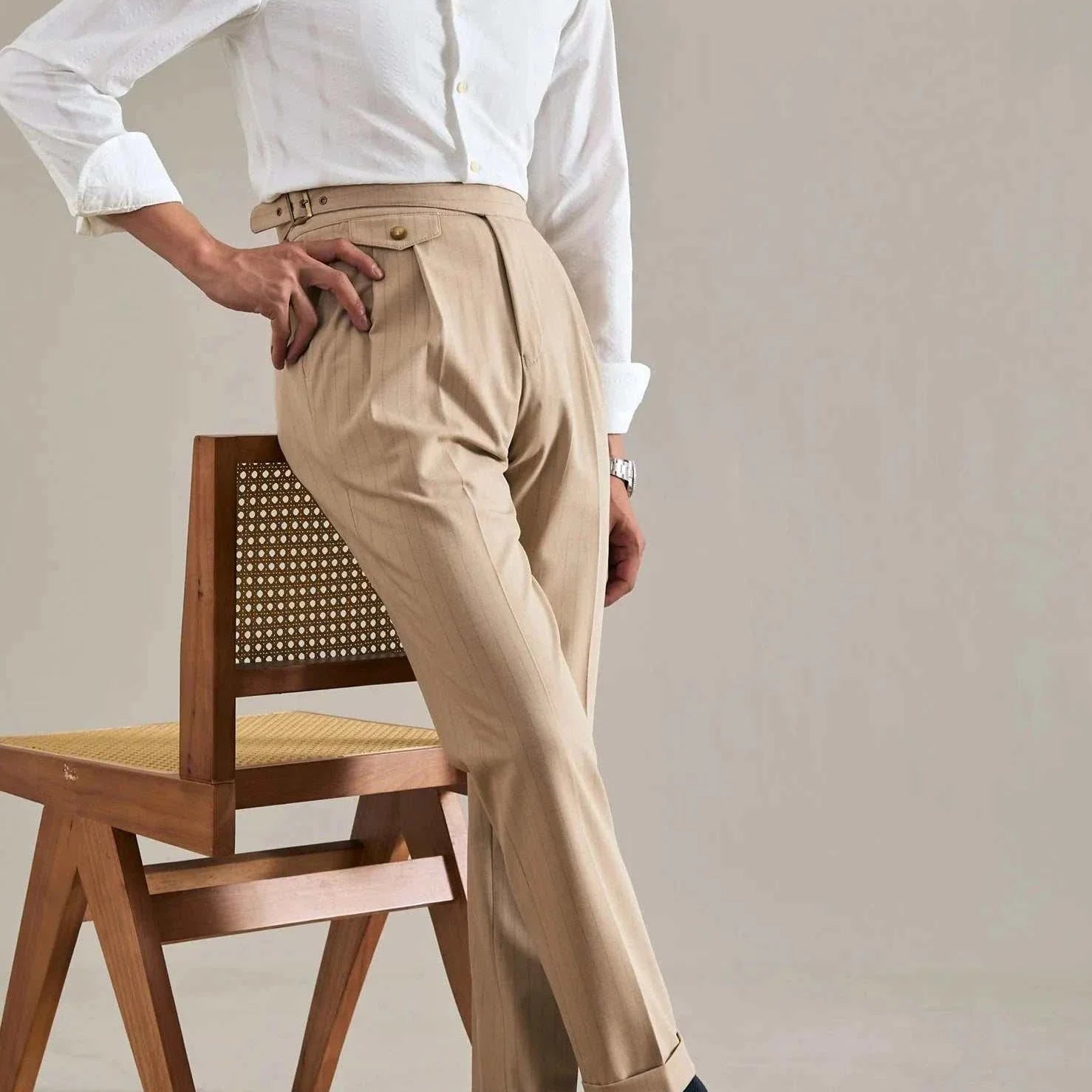 Office outfit high waist trousers, smart casual and elegant style.