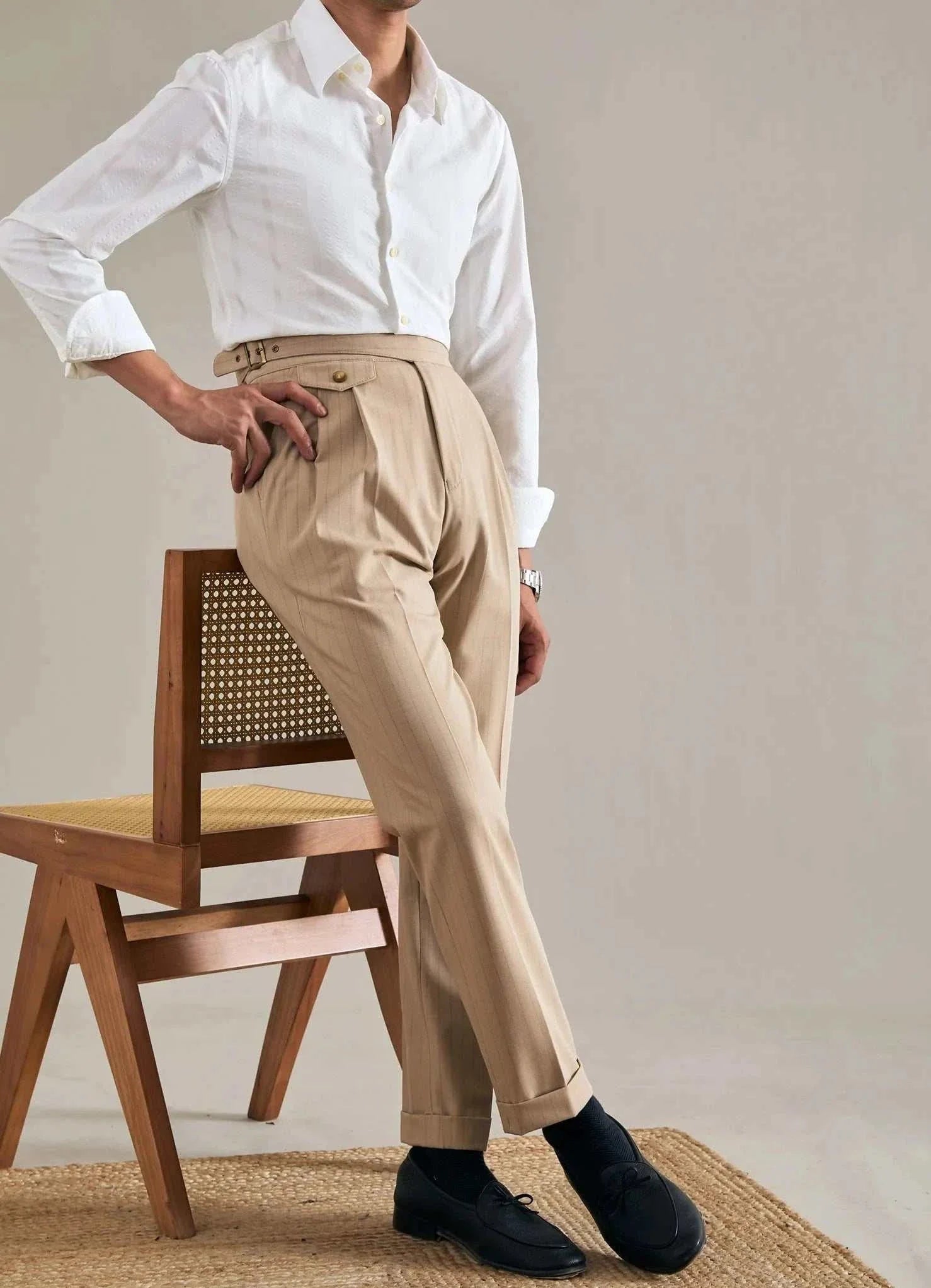 Office outfit high waist trousers, smart casual and elegant style.