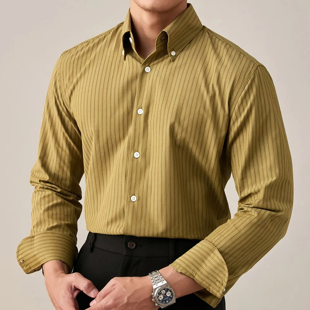 Luxury striped button-up shirt in formal business style.