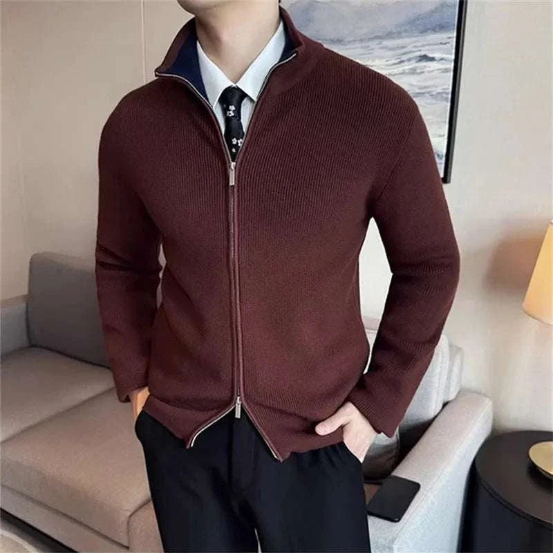 Cold season knit zipper sweater in maroon, perfect for autumn and winter wear.