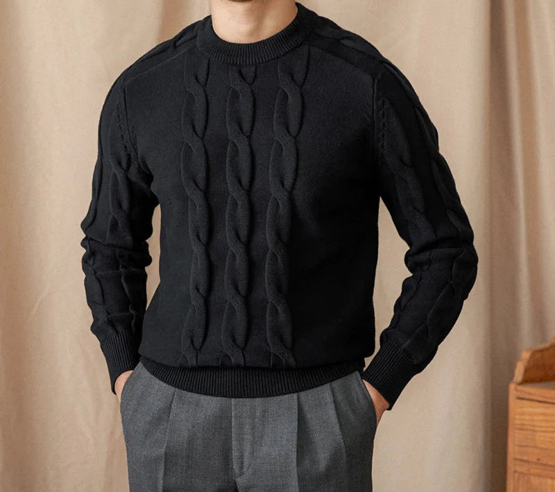 Round neck vintage sweater for men in black, warm wool blend.