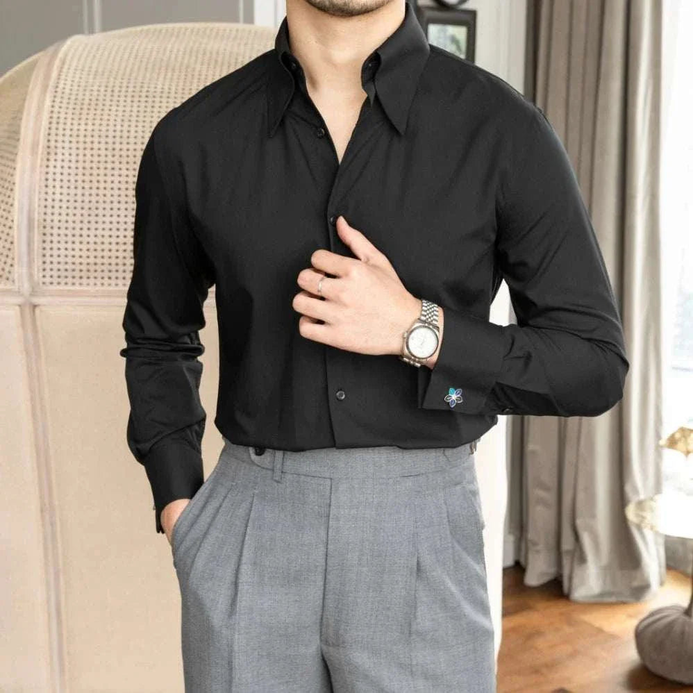 Anti-wrinkle slim fit shirt for men, elegant black solid pattern, perfect for office or casual wear.