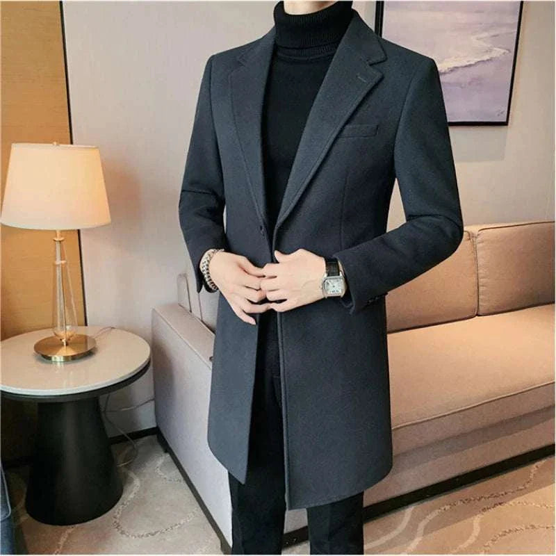 Elegant slim fit suit coat for men in dark color, ideal for autumn and winter wardrobe.