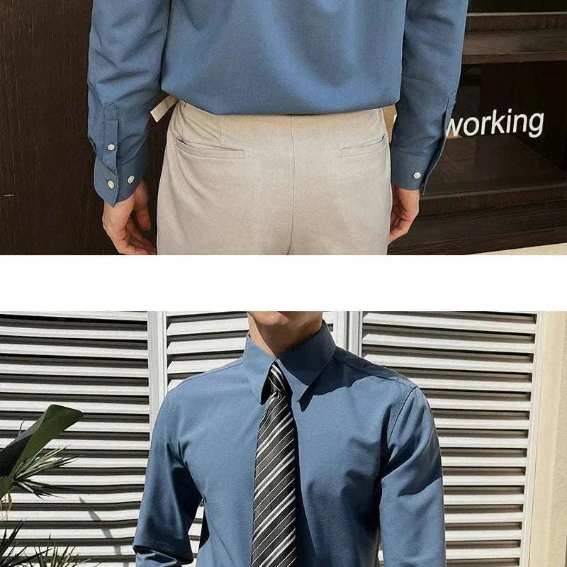 Men's British formal slim-fit shirt, blue, polyester, stylish for all seasons.