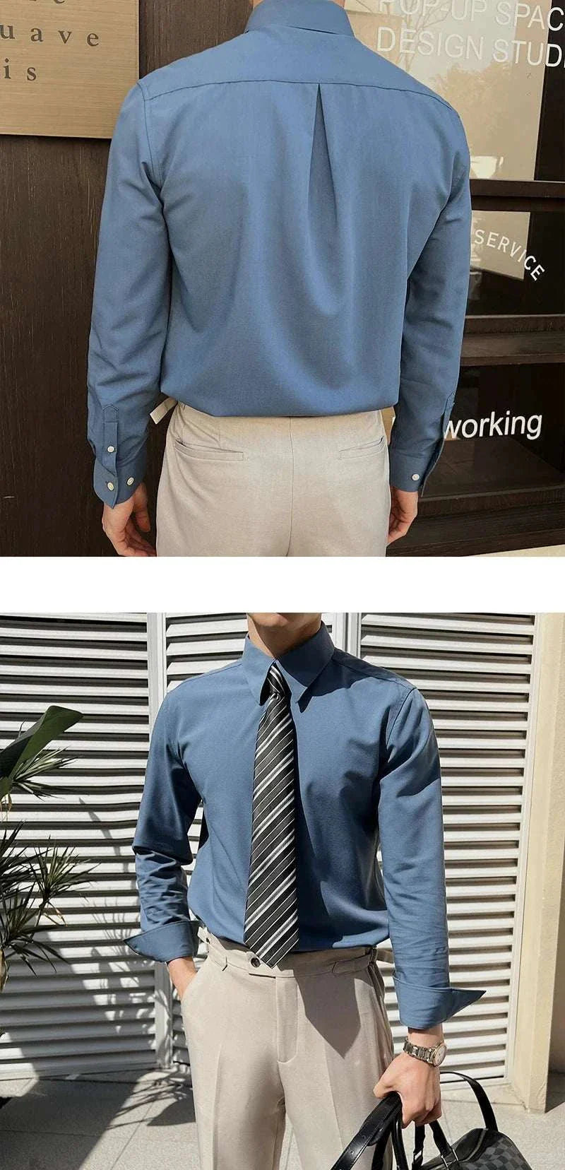 Men's British formal slim-fit shirt, blue, polyester, stylish for all seasons.