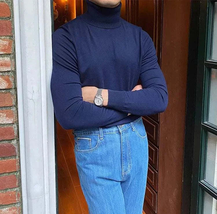 Antonios business turtleneck sweater for men, navy blue, perfect for office meetings.