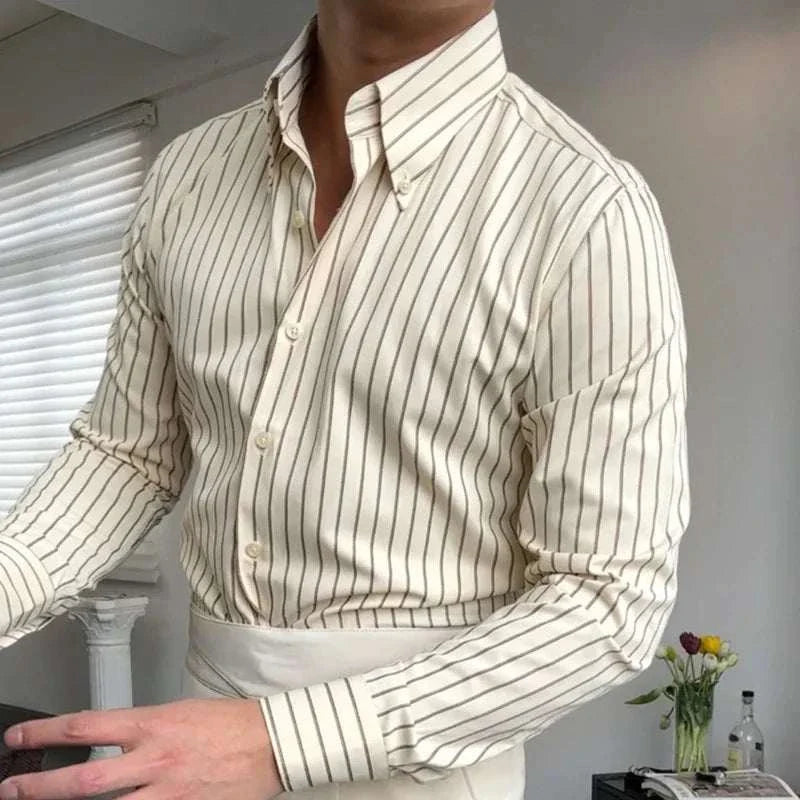 Antonios British tuxedo striped shirt, elegant polyester design for men.