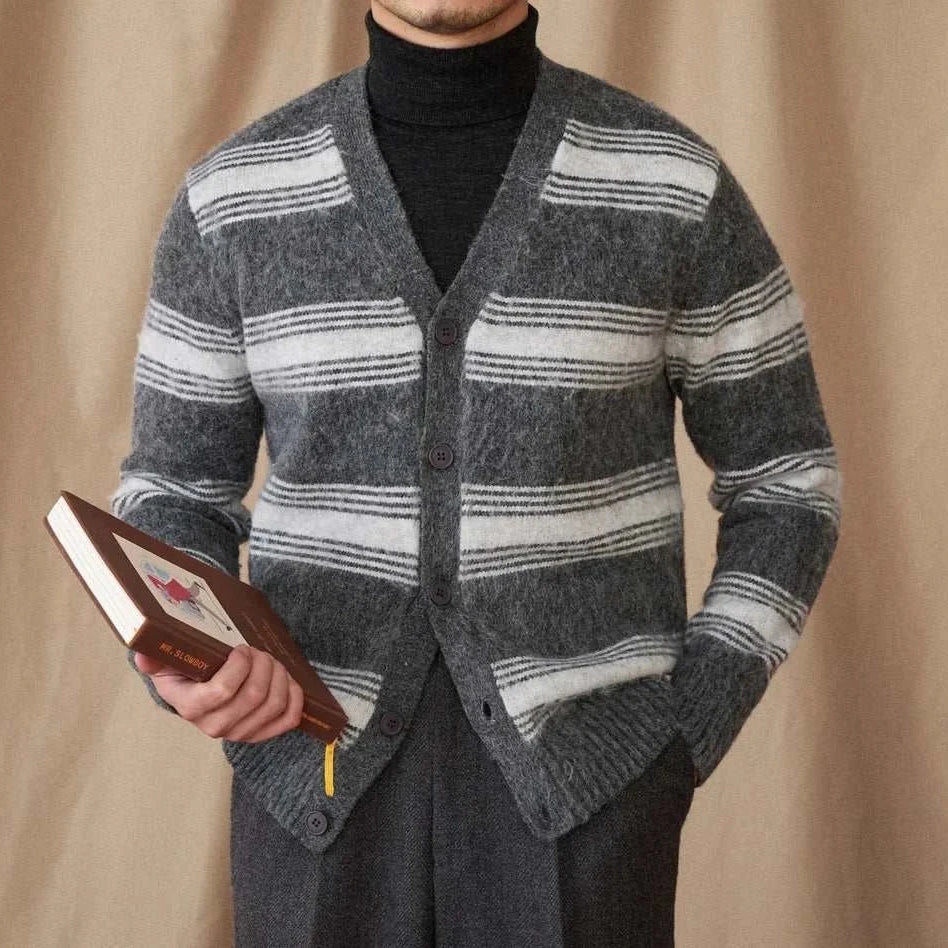 Striped wool v-neck cardigan for men, warm winter essential layering.