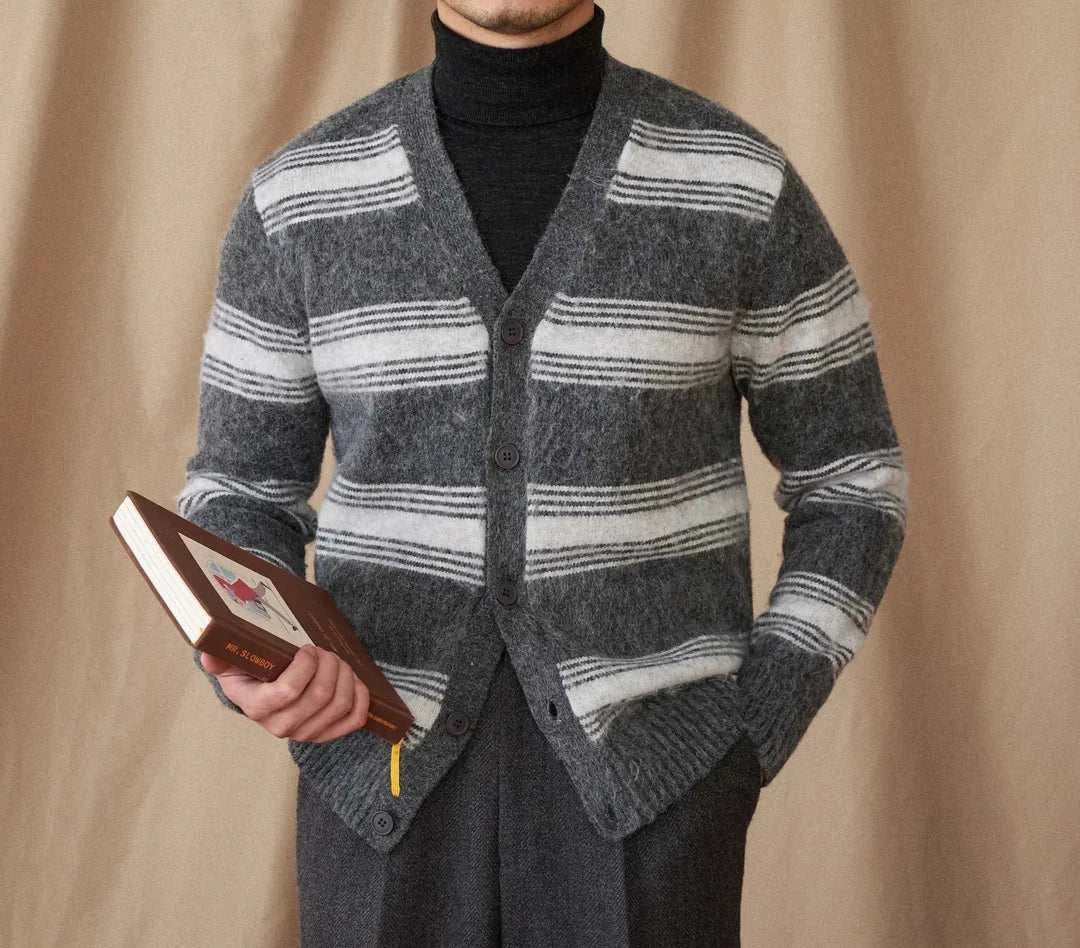Striped wool v-neck cardigan for men, warm winter essential layering.
