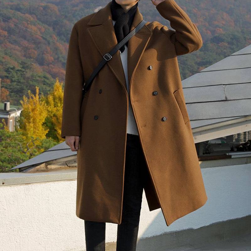 Woolen Korean long coat for men, perfect for autumn and winter warmth.