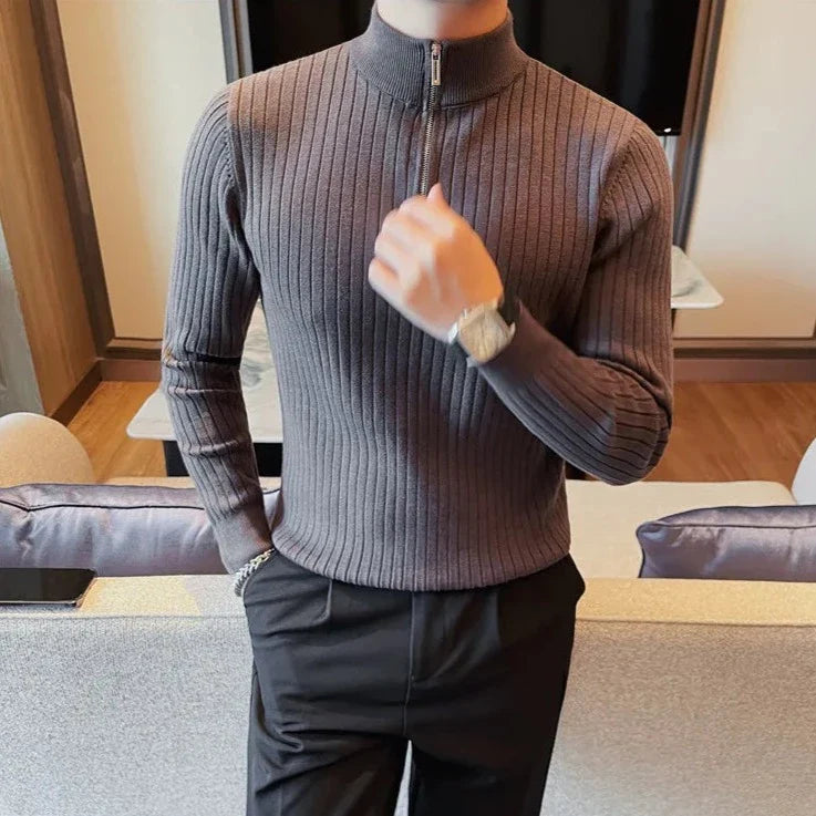 PLUS zipper sweater, ribbed design, casual elegant style, men's fashion.