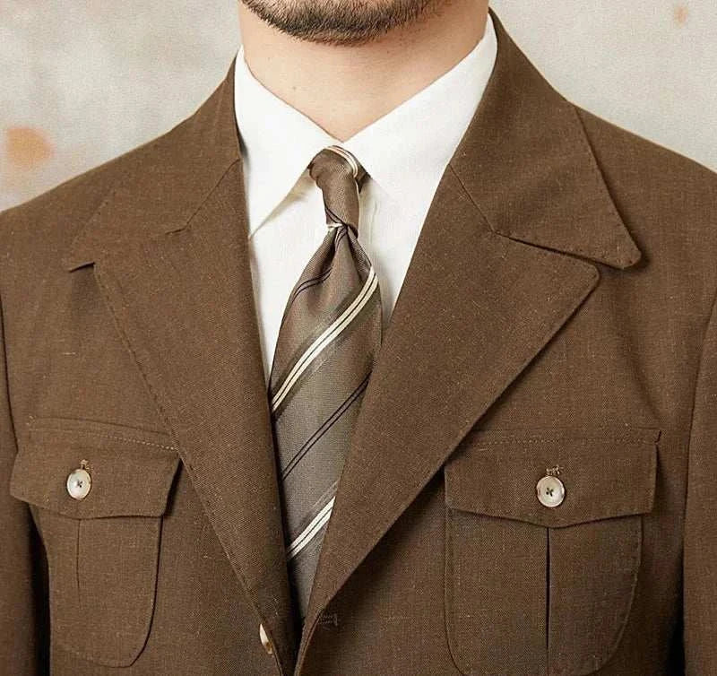 Autumn vintage old money coat for men in brown polyester with classic lapels and pockets.