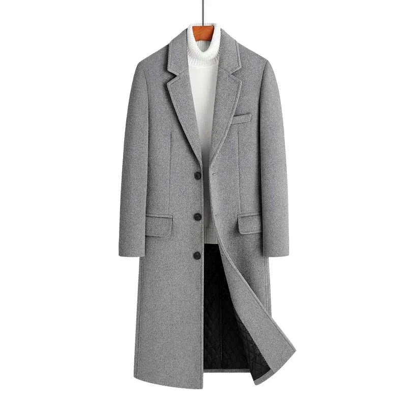 Wool elegant long coat for men, high-quality polyester, autumn/winter fashion.