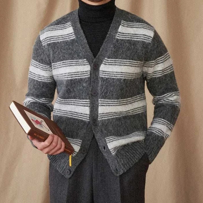 Antonios striped wool v-neck cardigan for men in gray and white stripes.