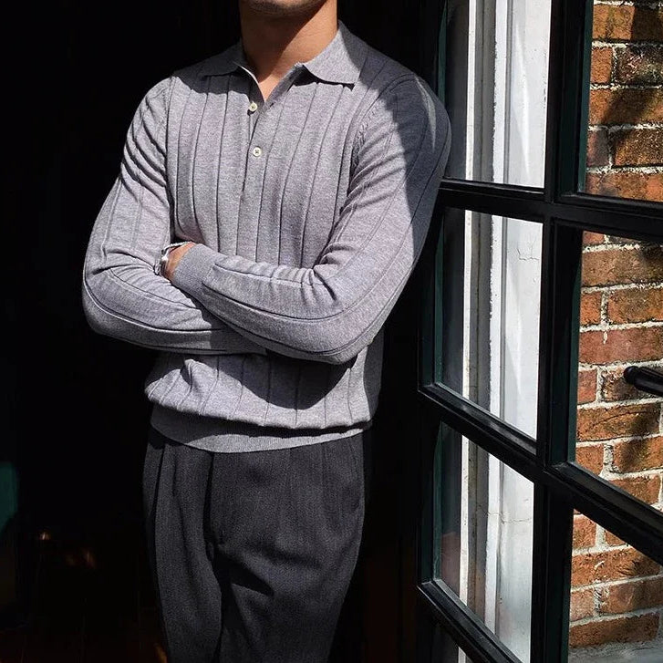 Oxford polo sweater in gray with solid pattern, perfect for casual or elegant style.