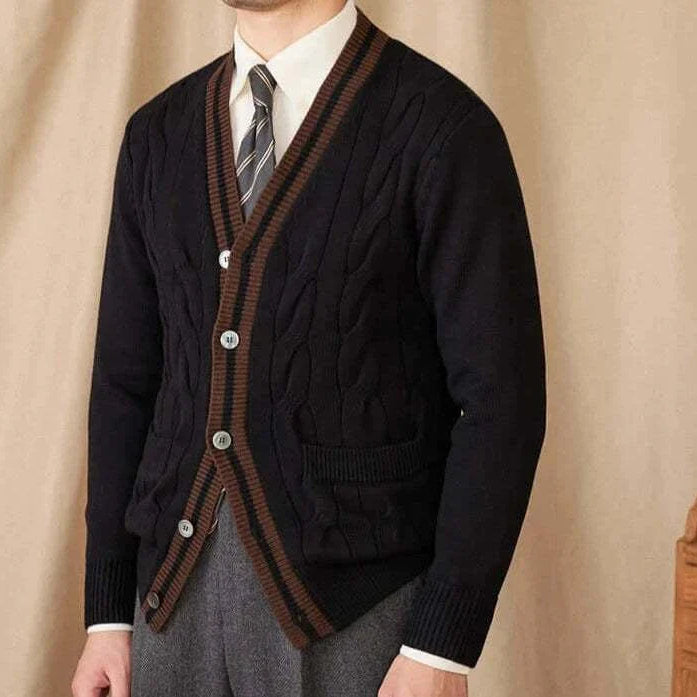 Antonios twisted knit cardigan in black, Italian vintage style, men's fashion.