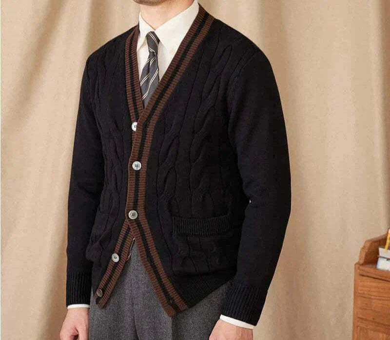 Antonios twisted knit cardigan in black, Italian vintage style, men's fashion.