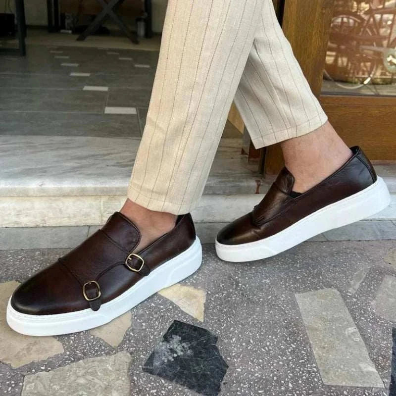 Men's LUXELY lazy loafers in brown with white soles, elegant design with buckle detailing.