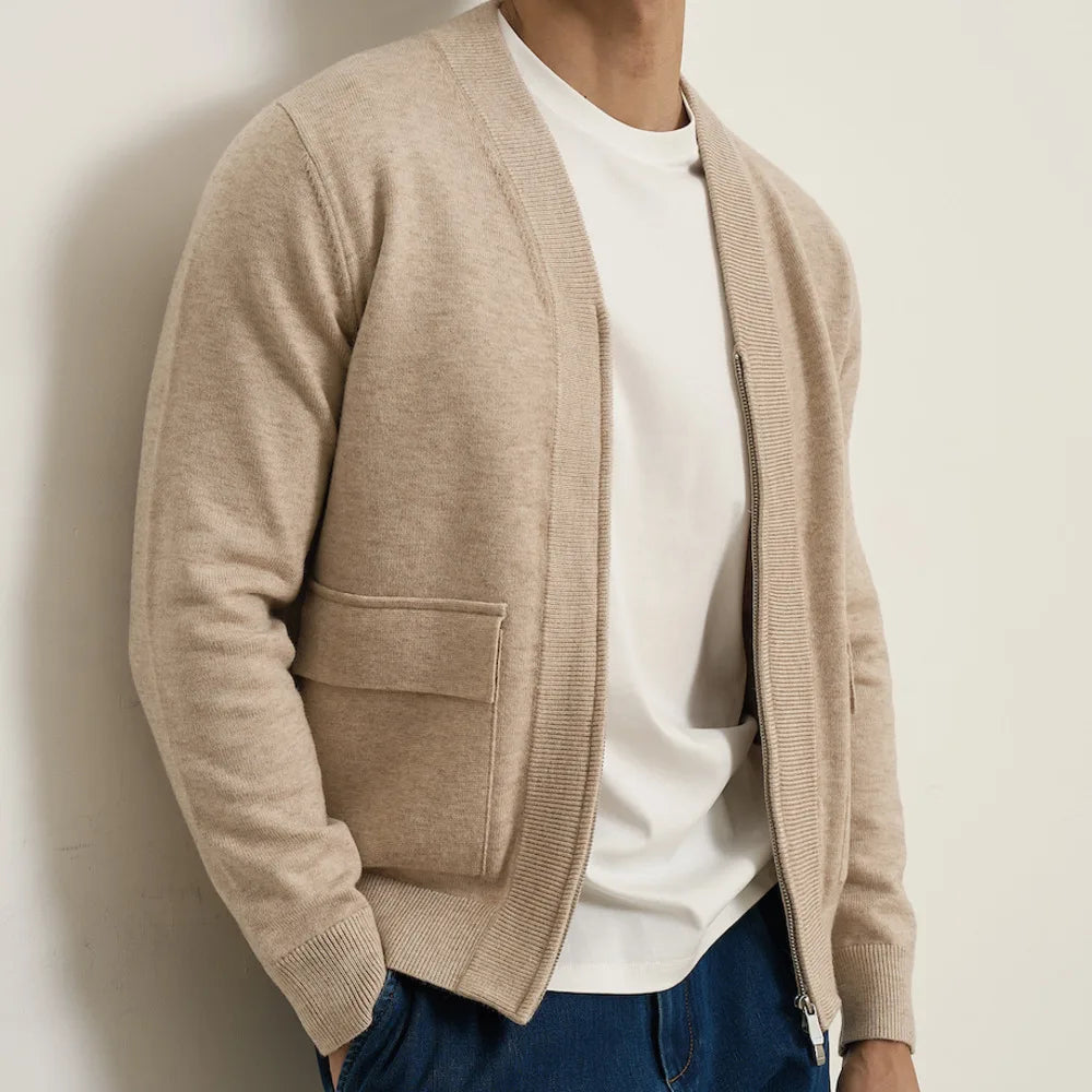 British pullover old money cardigan in beige, made from luxurious wool, perfect for men's fall fashion.