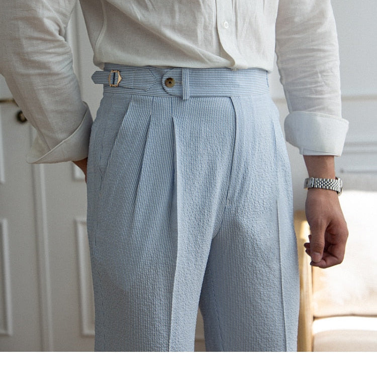 Italian Old Money Trousers in blue fabric exude timeless elegance and refined sophistication.