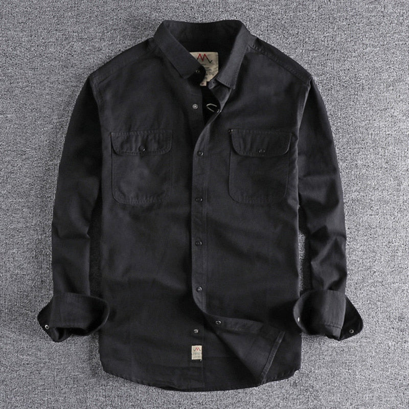 Vintage-Retro Cotton Shirt for men, black color, long sleeves, solid pattern, casual-smart style.