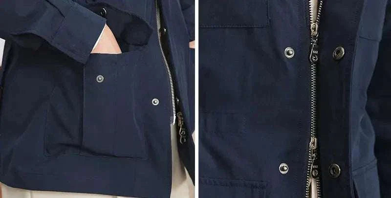 Close-up of British old money jacket showcasing buttons and zipper details.