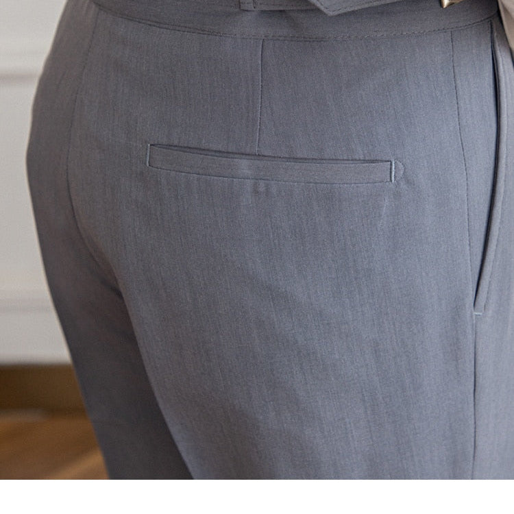 High Waist Business Trousers in grey, showcasing back pocket and tailored fit.
