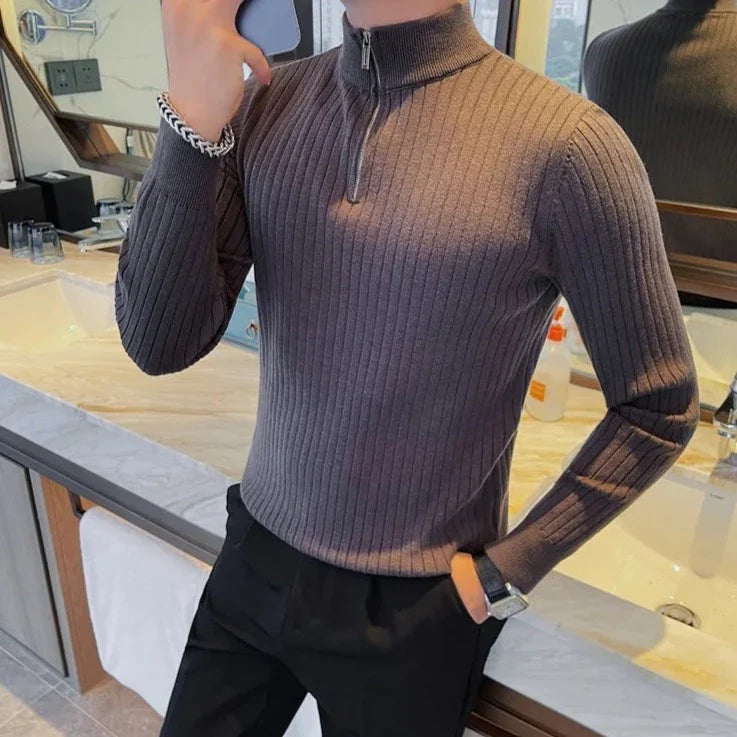 Men's PLUS zipper sweater, casual and elegant, solid pattern, all-season wear.