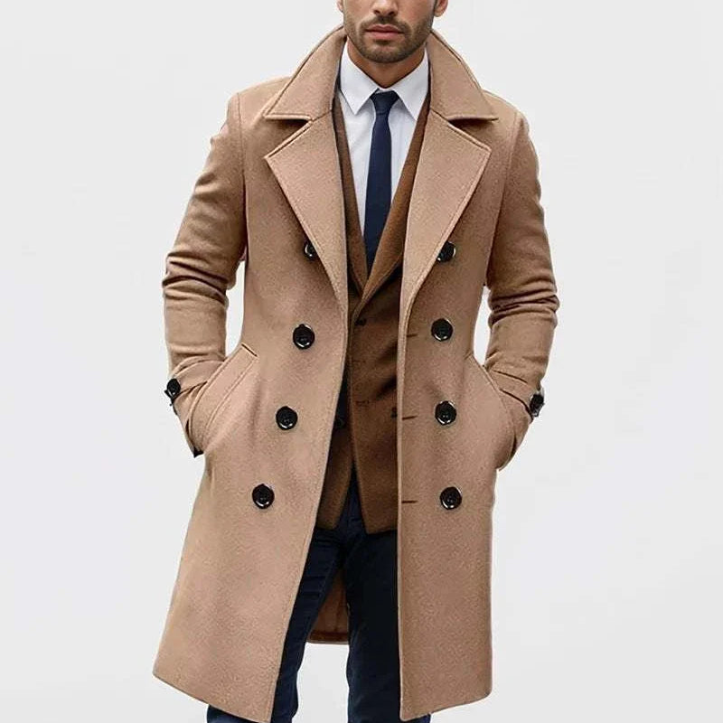 Men's beige casual British long coat, double-breasted, tailored fit.