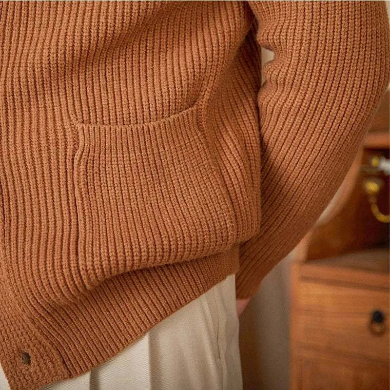Men's autumn old money cardigan, warm wool, stylish fall fashion.