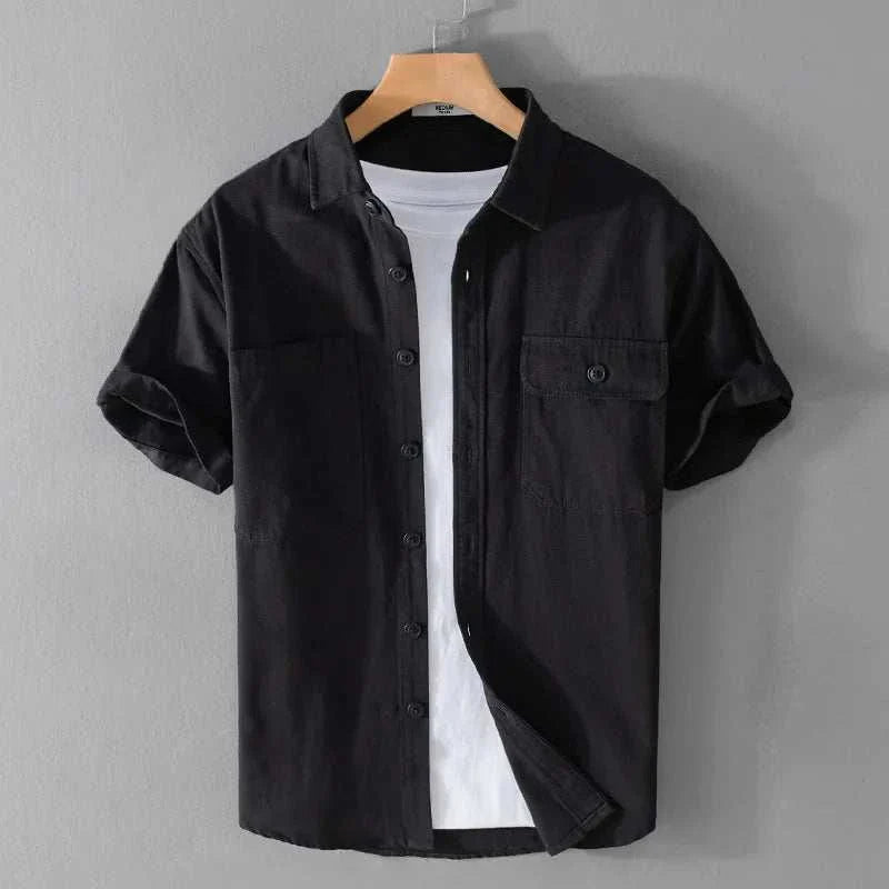 Men's premium short sleeve summer shirt in black, cotton, casual style.