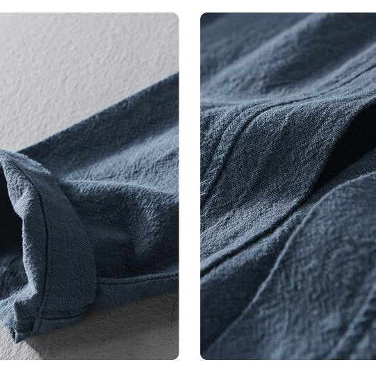 Close-up of Antonios Linen Long-Sleeved Shirt fabric details, showcasing soft cotton-linen blend texture.