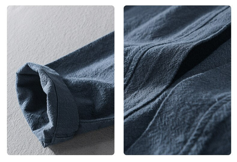 Close-up of Antonios Linen Long-Sleeved Shirt fabric details, showcasing soft cotton-linen blend texture.