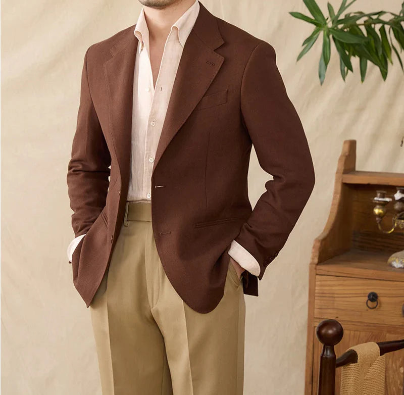 Business linen relaxation jacket for men in brown, made of polyester for warmth and style.