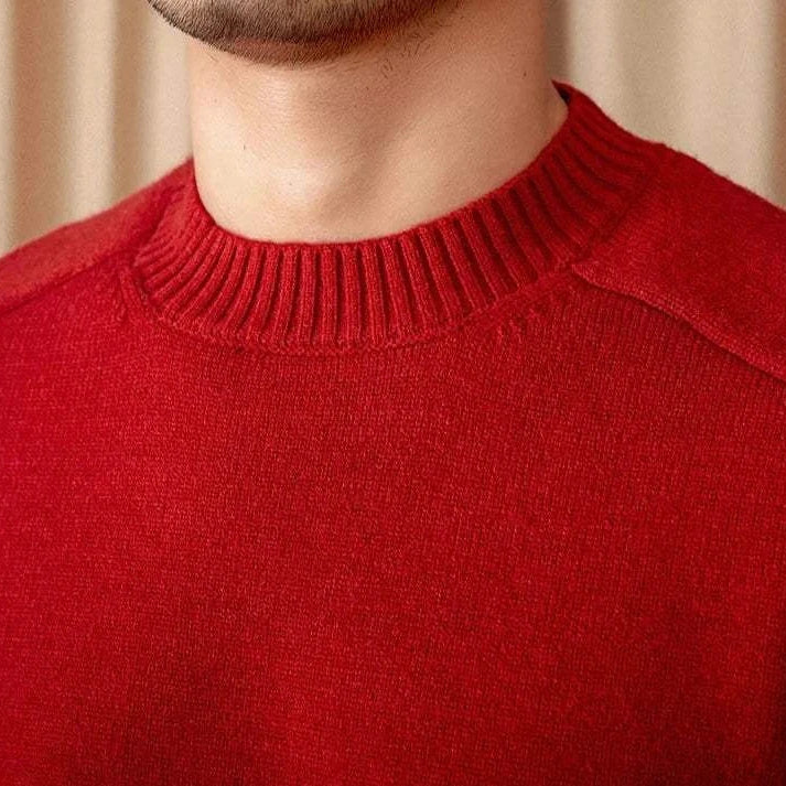 Japanese casual winter sweater in red, cotton and wool blend for men, perfect for warmth and style.