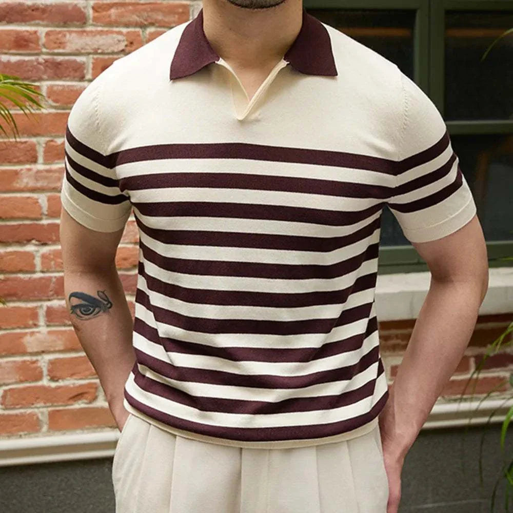 Office polo collar t-shirt with striped pattern, smart casual men's attire.