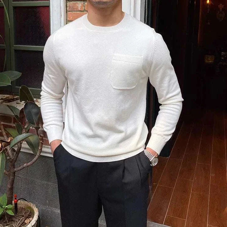 Men's white sweater with pocket for office wear, cozy and perfect fitting.