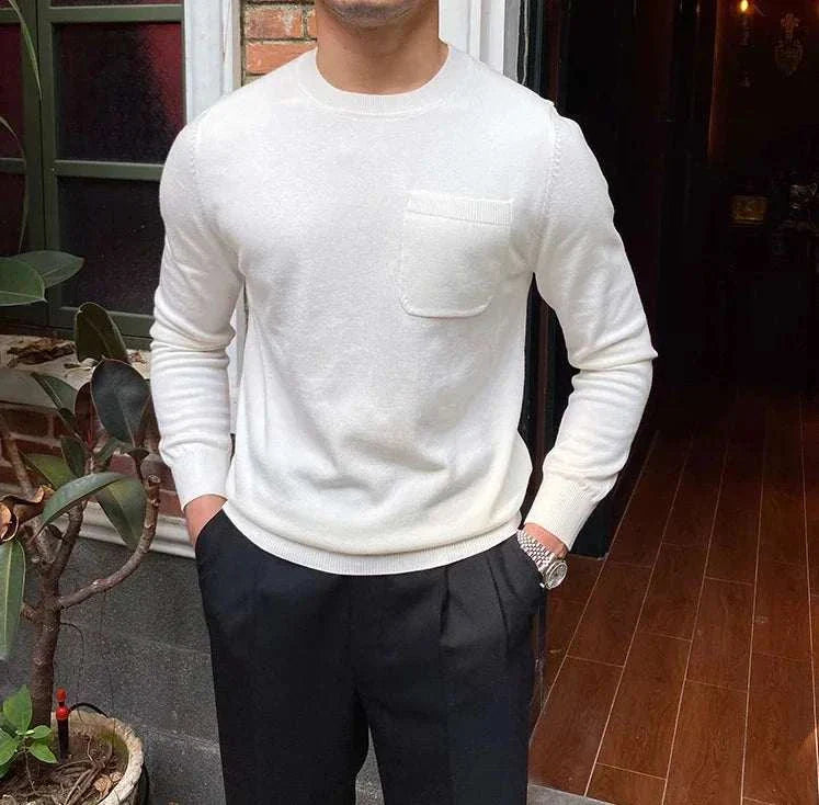 Men's white sweater with pocket for office wear, cozy and perfect fitting.