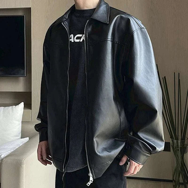 PU leather vintage jacket for men in black, retro style fashion.