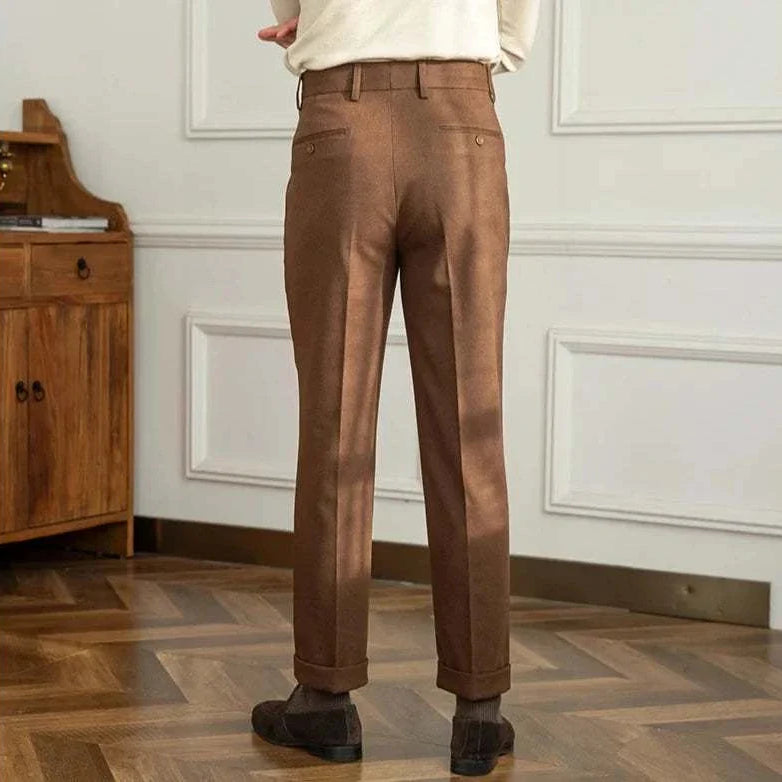 Straight high-waist casual trousers for men in solid brown, polyester material, elegant style.