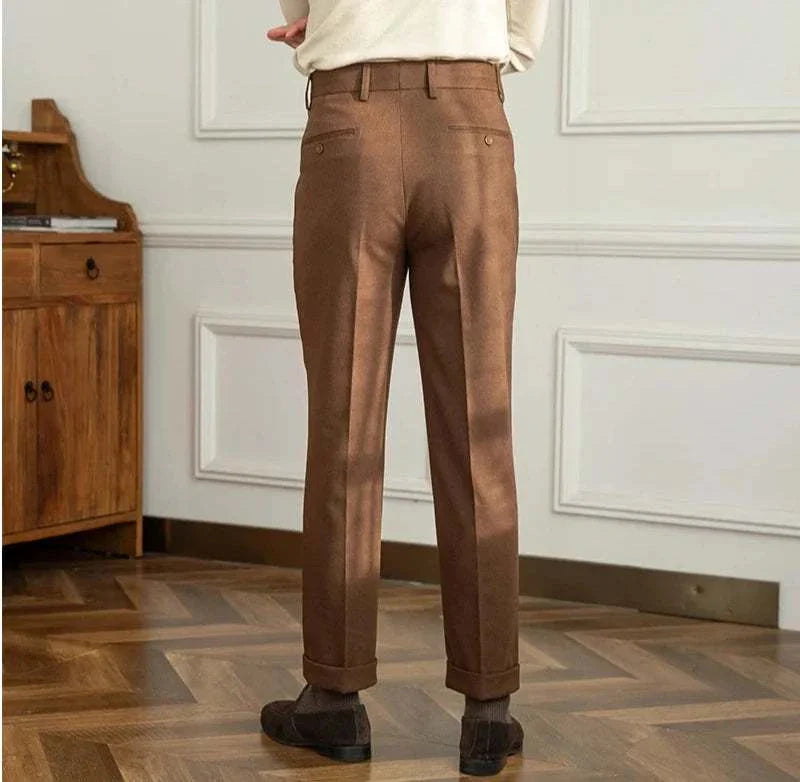 Straight high-waist casual trousers for men in solid brown, polyester material, elegant style.