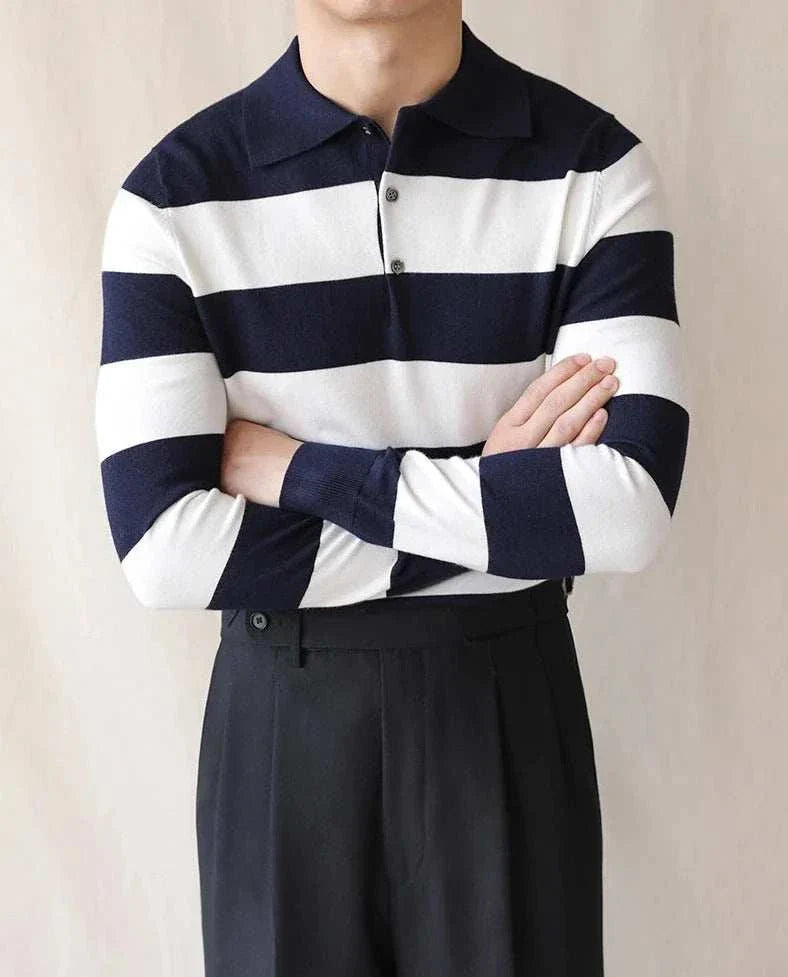 Oxford striped sweater in navy blue and white, premium quality acrylic material, men's casual/elegant style.