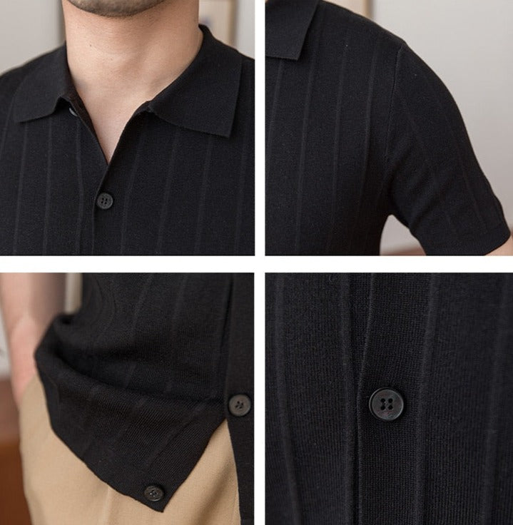 ANK Striped T-Shirt with classic collar and button details, crafted from soft cotton fabric for a comfortable fit. Perfect for casual or elegant outfits.