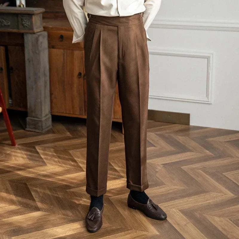 Men's cold season straight trousers in solid brown polyester, casual and elegant style.